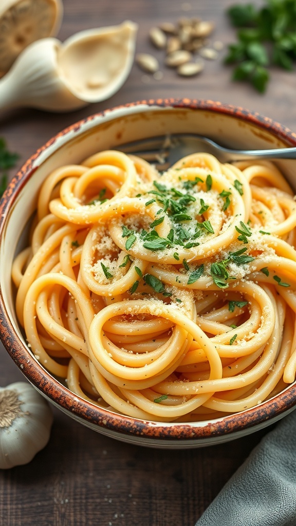 A bowl of creamy garlic parmesan pasta garnished with parsley.
