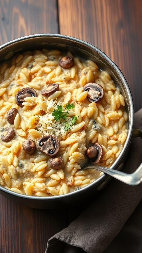 Creamy one-pot mushroom risotto in a bowl with parsley garnish.