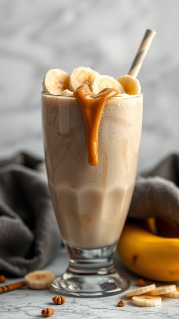 A creamy peanut butter banana smoothie in a glass with banana slices on top.