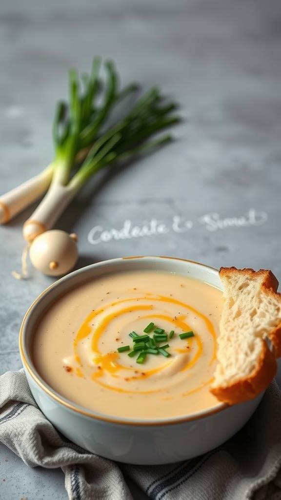 A bowl of creamy potato and leek soup garnished with chives and a slice of bread on the side.