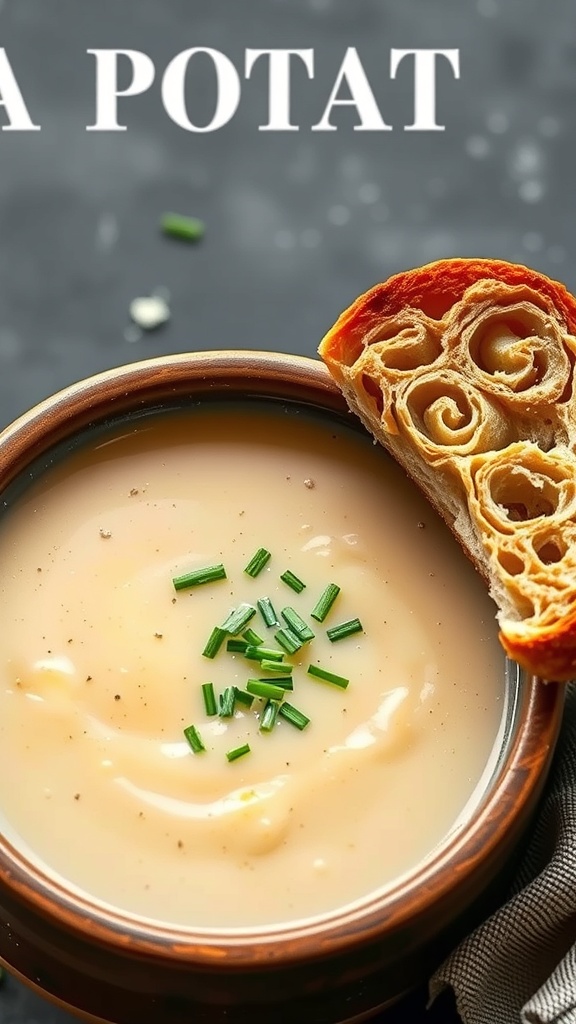 A bowl of creamy potato leek soup with chives and a slice of bread on the side.