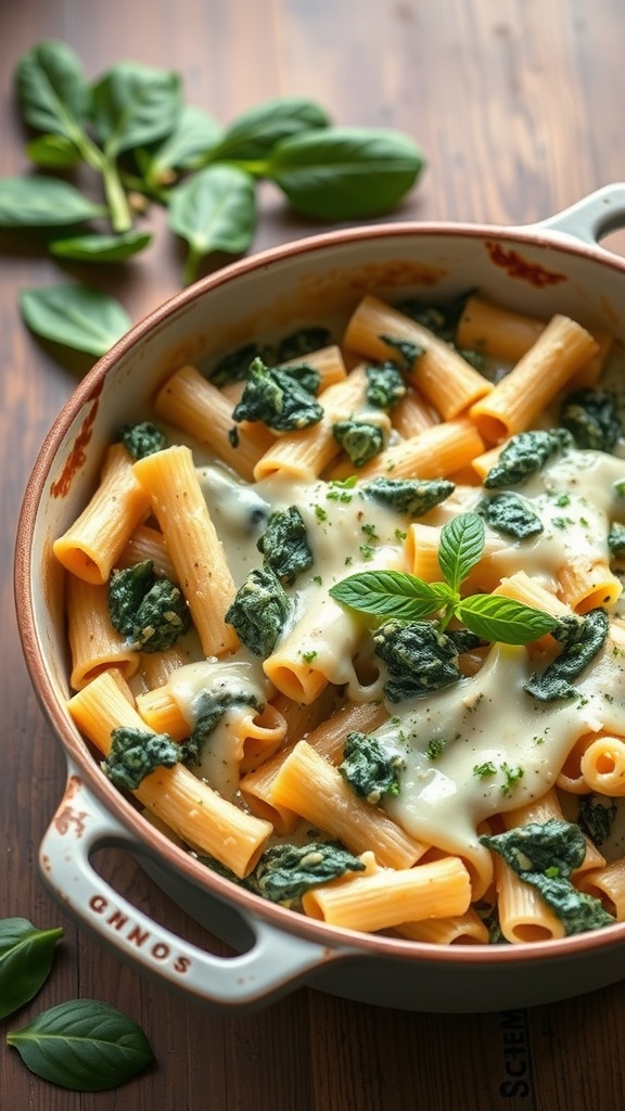 A creamy spinach and artichoke pasta bake in a casserole dish, topped with melted cheese and garnished with fresh basil.