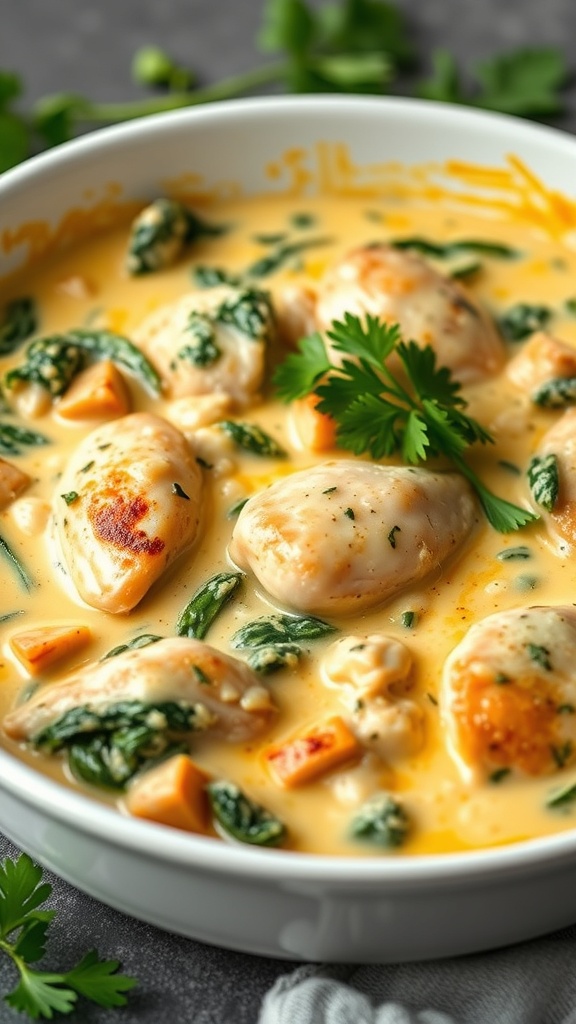 A creamy spinach and chicken bake in a white bowl, garnished with fresh herbs.
