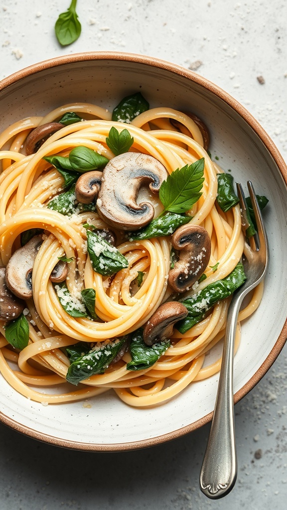 A bowl of creamy spinach and mushroom pasta with fresh ingredients.