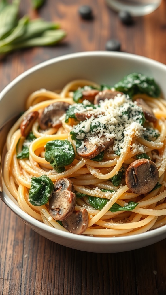 A bowl of creamy spinach and mushroom pasta garnished with grated cheese.