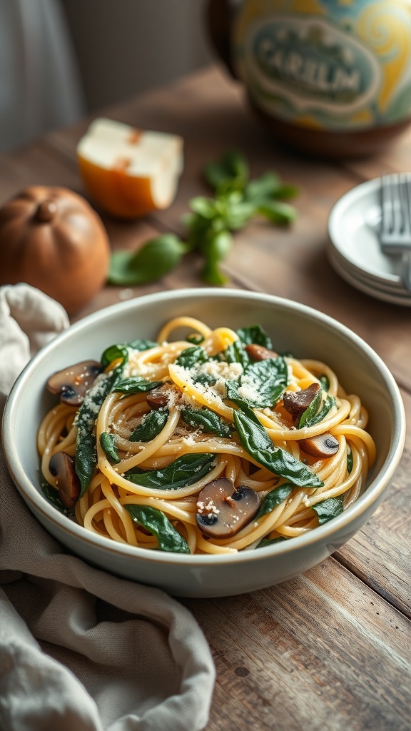 Creamy spinach and mushroom pasta served in a bowl, garnished with basil.