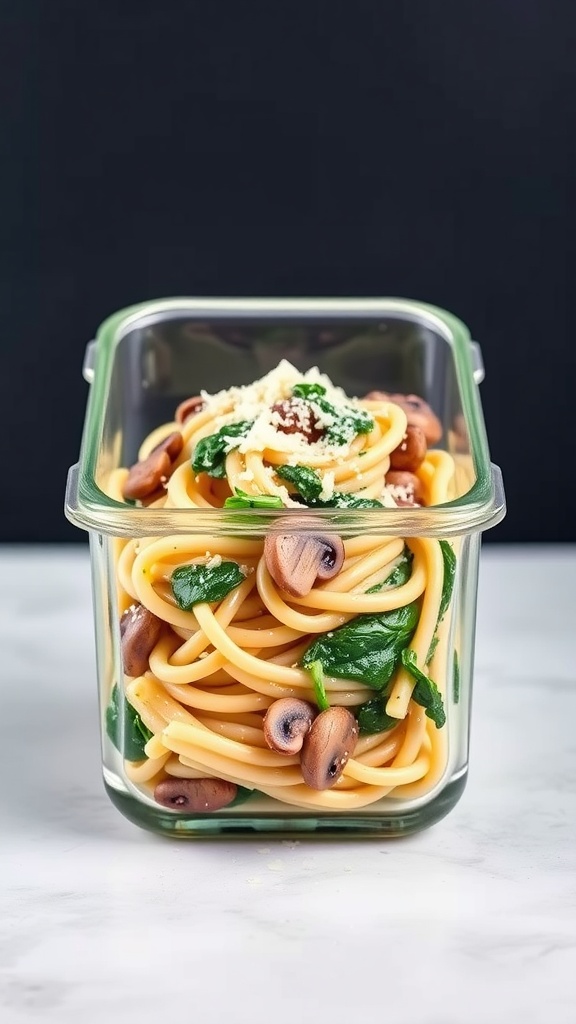 Creamy Spinach and Mushroom Pasta in a meal prep container