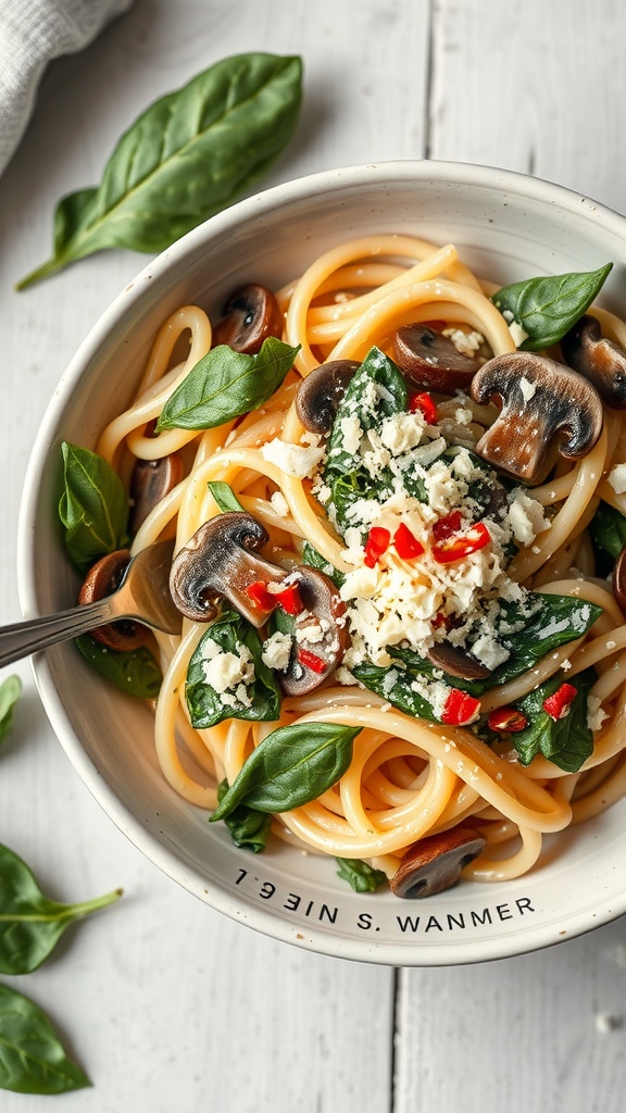 A bowl of creamy spinach and mushroom pasta garnished with basil and cheese.