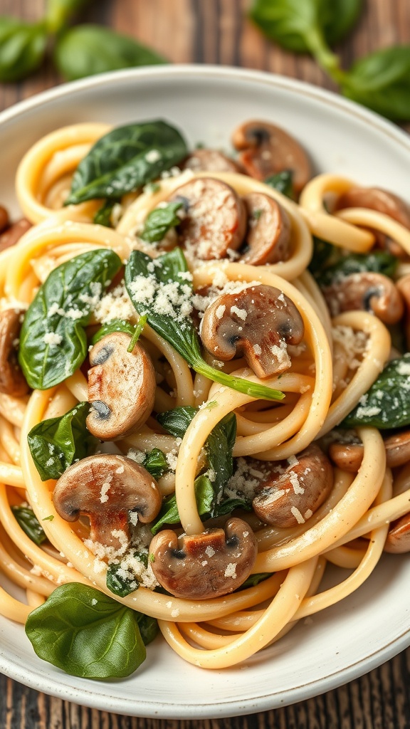 A plate of creamy spinach and mushroom pasta topped with grated cheese and fresh spinach leaves.
