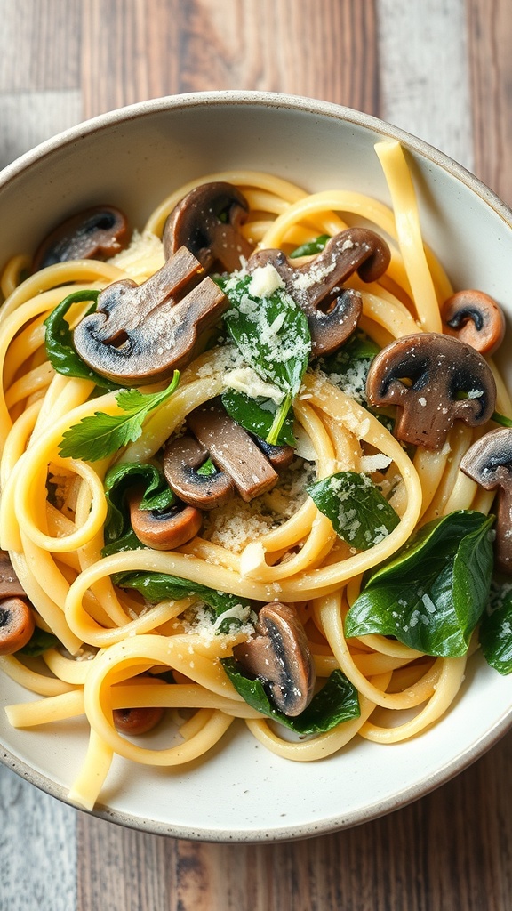 A bowl of creamy spinach and mushroom pasta with cheese on top.