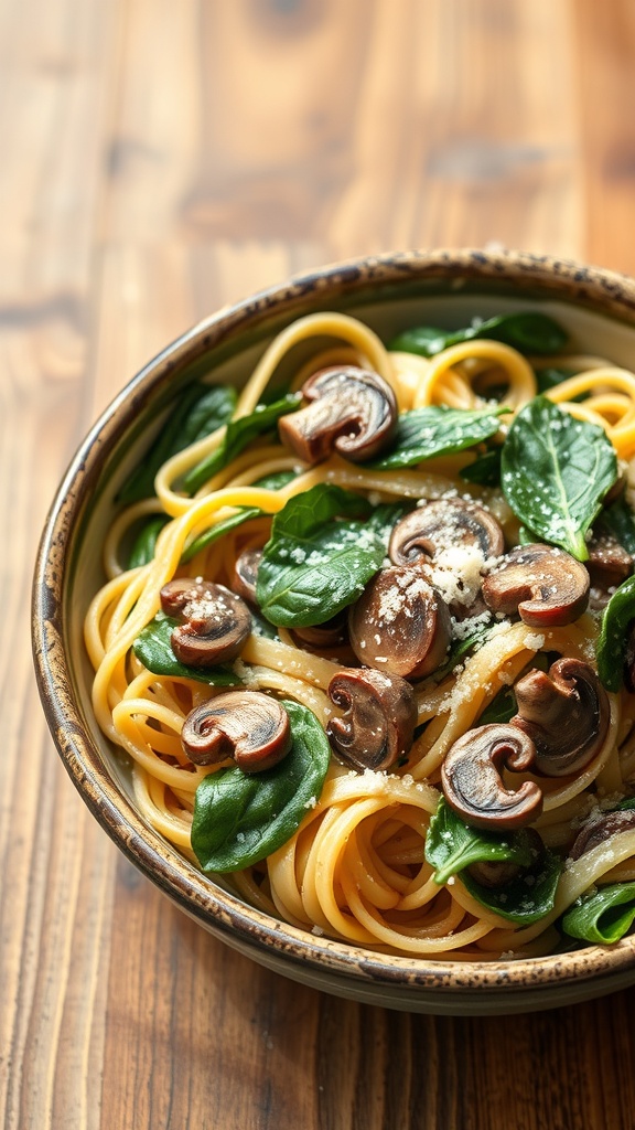 A bowl of creamy spinach and mushroom pasta with fresh ingredients