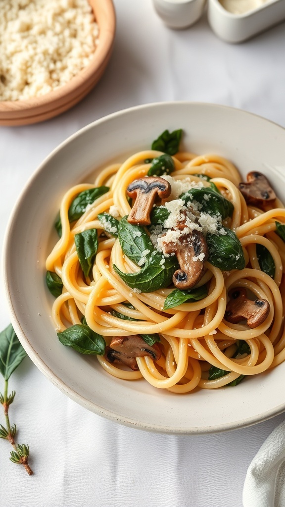 A plate of creamy spinach and mushroom pasta garnished with cheese.
