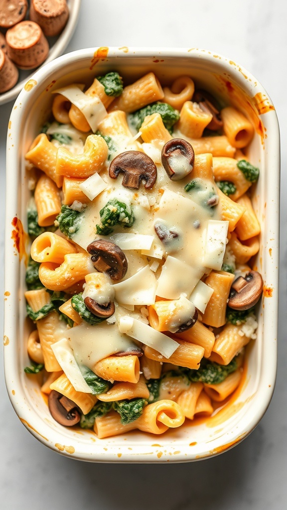 A delicious creamy spinach and mushroom pasta bake topped with melted cheese.