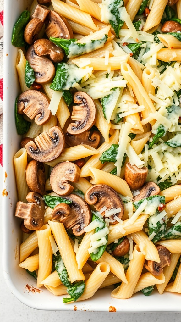 A delicious creamy spinach and mushroom pasta bake with penne pasta, sautéed mushrooms, and fresh spinach topped with melted cheese.