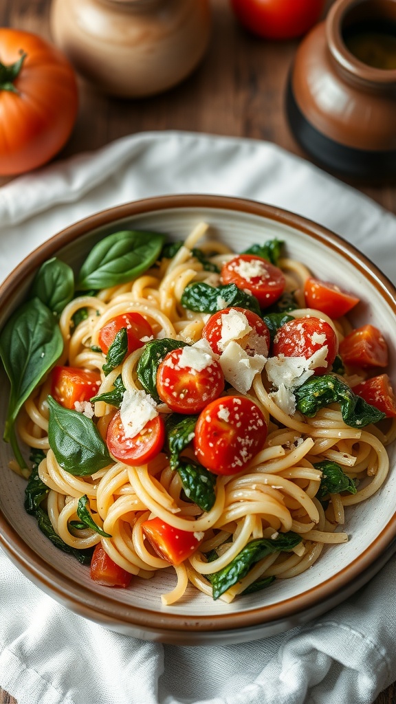 A bowl of creamy spinach and tomato orzo pasta