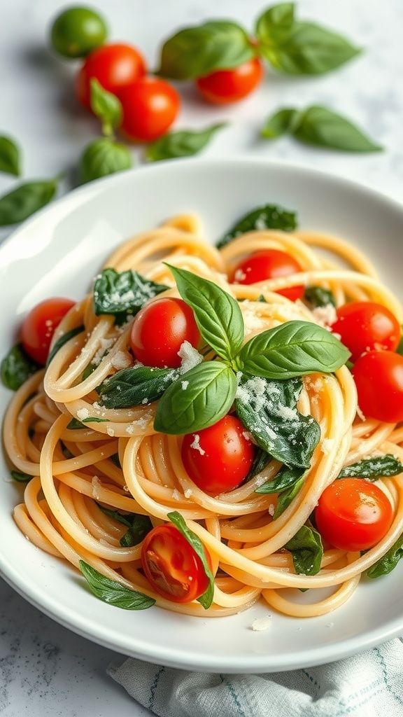 A bowl of creamy spinach and tomato pasta garnished with fresh basil and cherry tomatoes.
