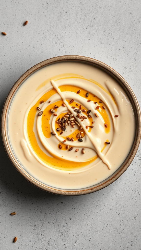A bowl of creamy tahini sauce drizzled with olive oil and sprinkled with seeds.