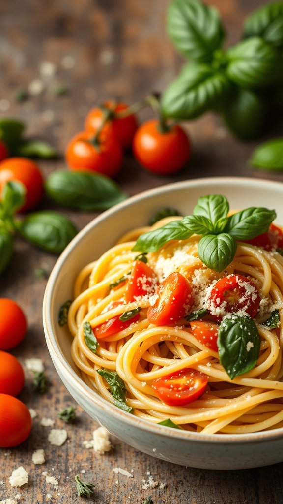 A bowl of creamy tomato and spinach pasta garnished with fresh basil and cherry tomatoes.