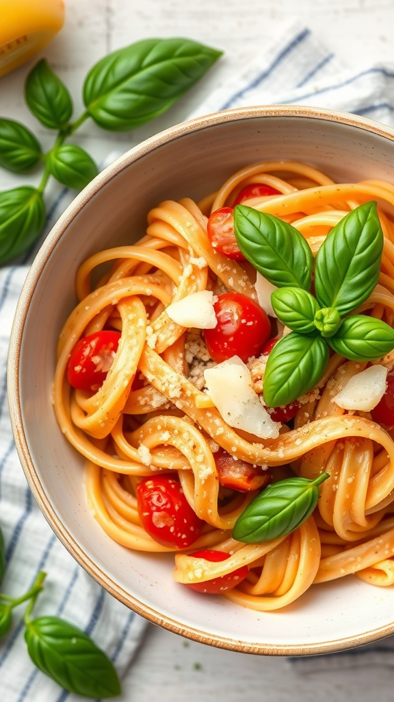 A bowl of creamy tomato basil pasta garnished with fresh basil and cherry tomatoes.