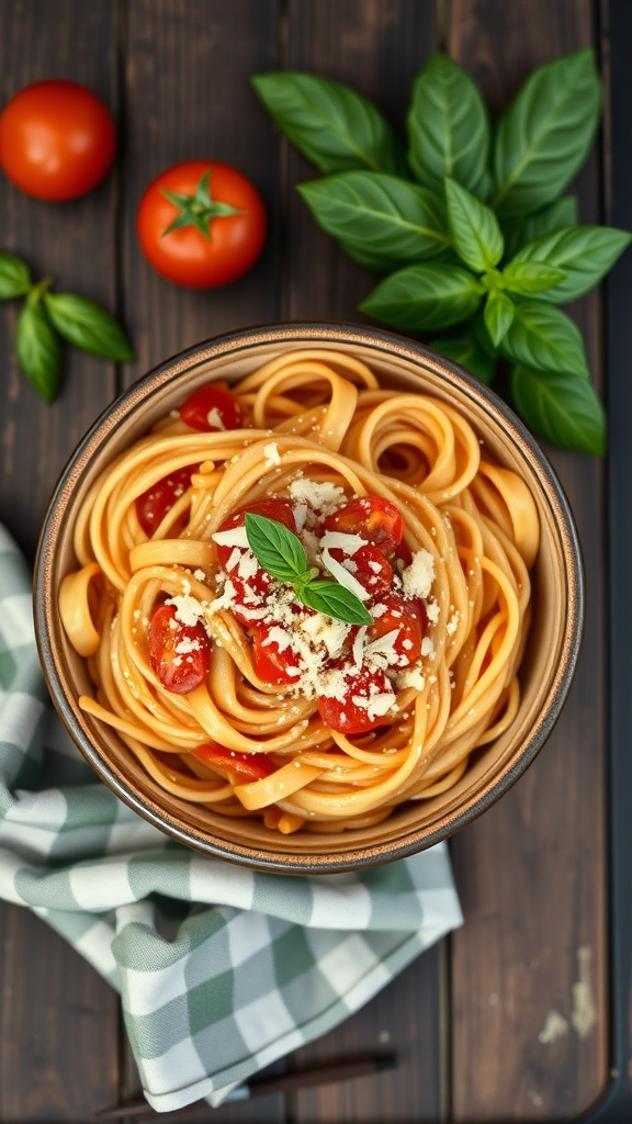 A bowl of creamy tomato basil pasta topped with fresh basil and grated cheese