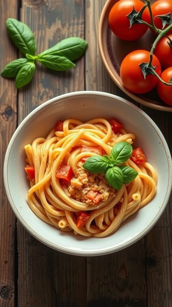 Creamy Tomato Basil Pasta in a bowl with fresh basil and tomatoes on the side.