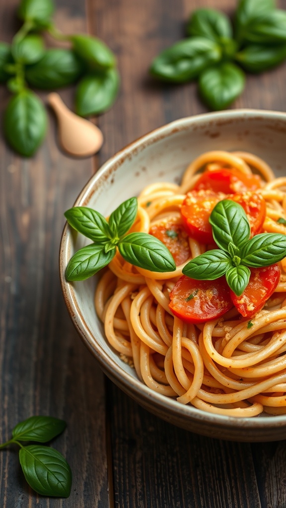 A bowl of creamy tomato basil pasta with fresh basil leaves