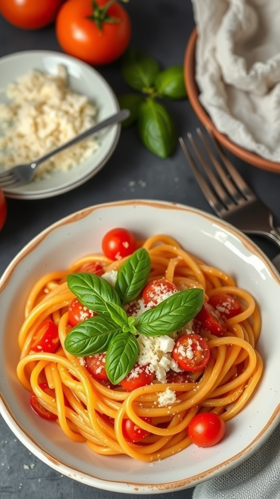 A bowl of creamy tomato basil pasta garnished with fresh basil and cherry tomatoes, surrounded by fresh ingredients.