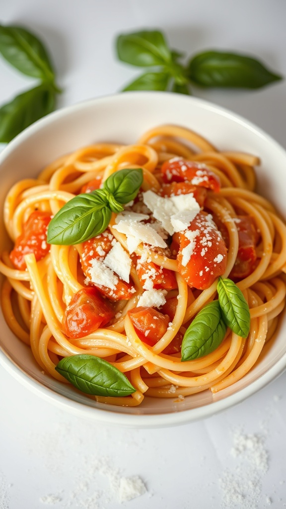 A bowl of creamy tomato basil pasta topped with fresh basil leaves and grated cheese.