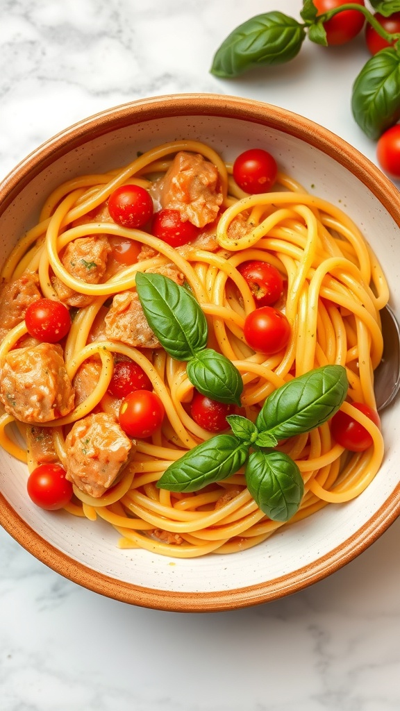 A bowl of creamy tomato basil pasta with cherry tomatoes and fresh basil leaves.
