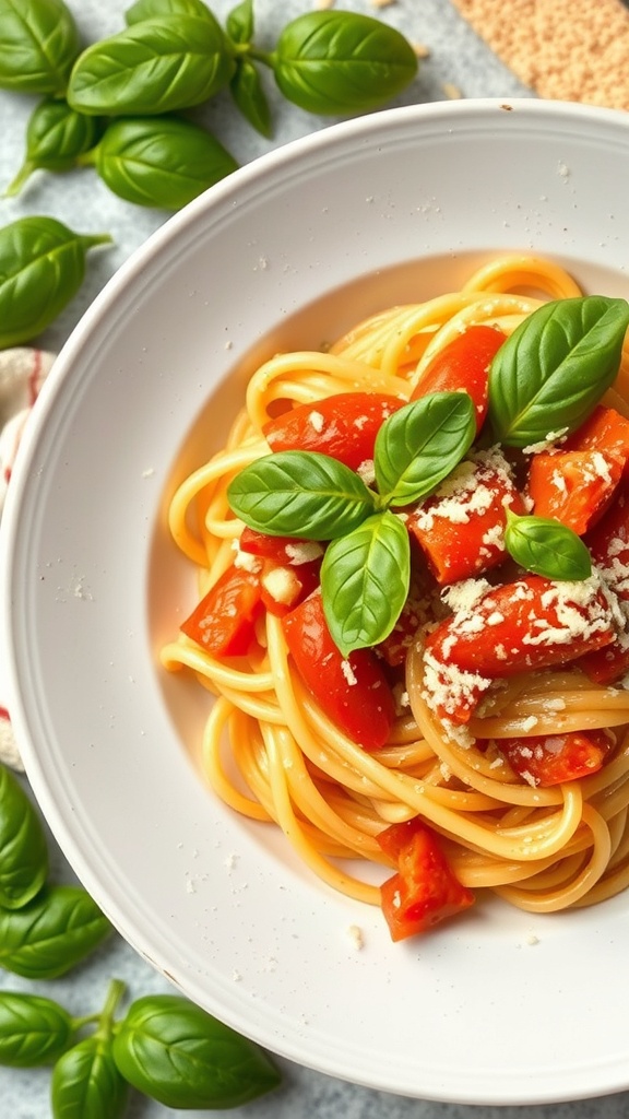 A bowl of creamy tomato basil pasta topped with fresh basil leaves and cherry tomatoes.