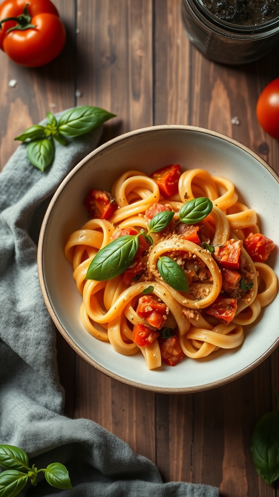 A bowl of creamy tomato basil pasta garnished with basil leaves