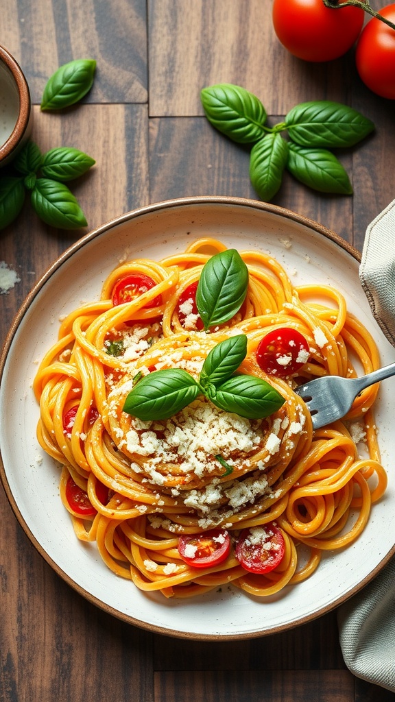 A serving of creamy tomato basil pasta topped with cherry tomatoes and basil.