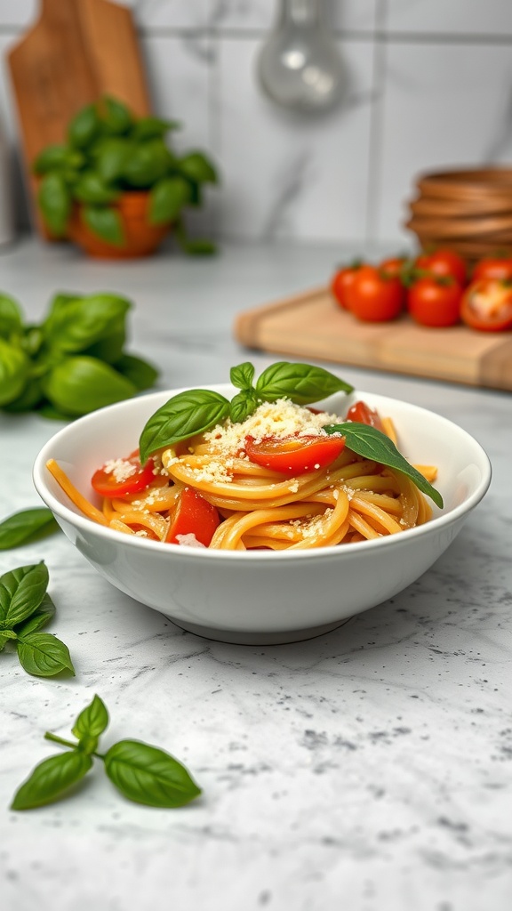 A bowl of creamy tomato basil pasta garnished with fresh basil and served with tomatoes in the background.