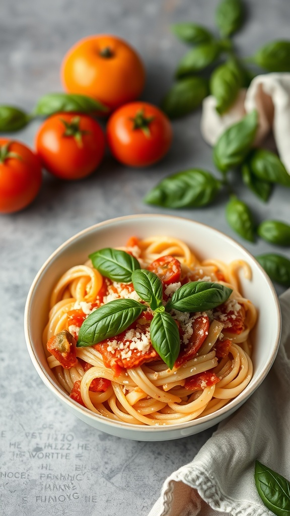 A bowl of creamy tomato basil pasta with fresh basil leaves