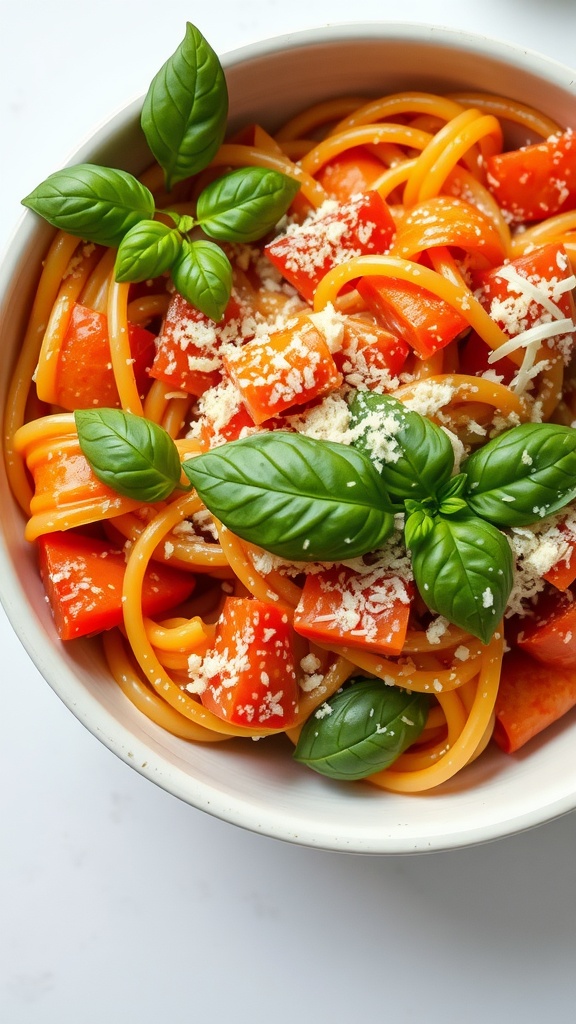 Creamy Tomato Basil Pasta with fresh basil and grated cheese