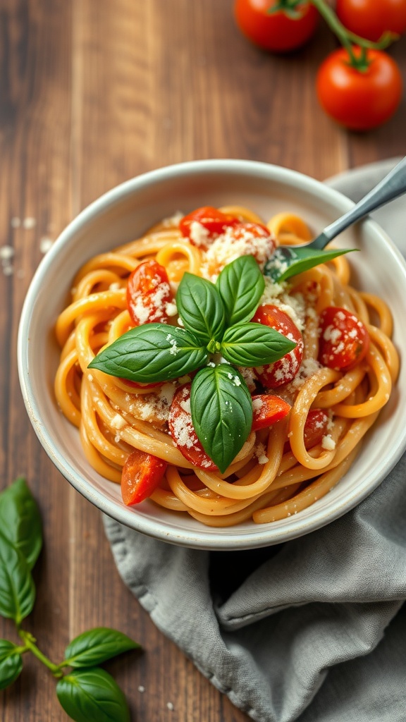 A bowl of creamy tomato basil pasta topped with fresh basil and grated cheese.