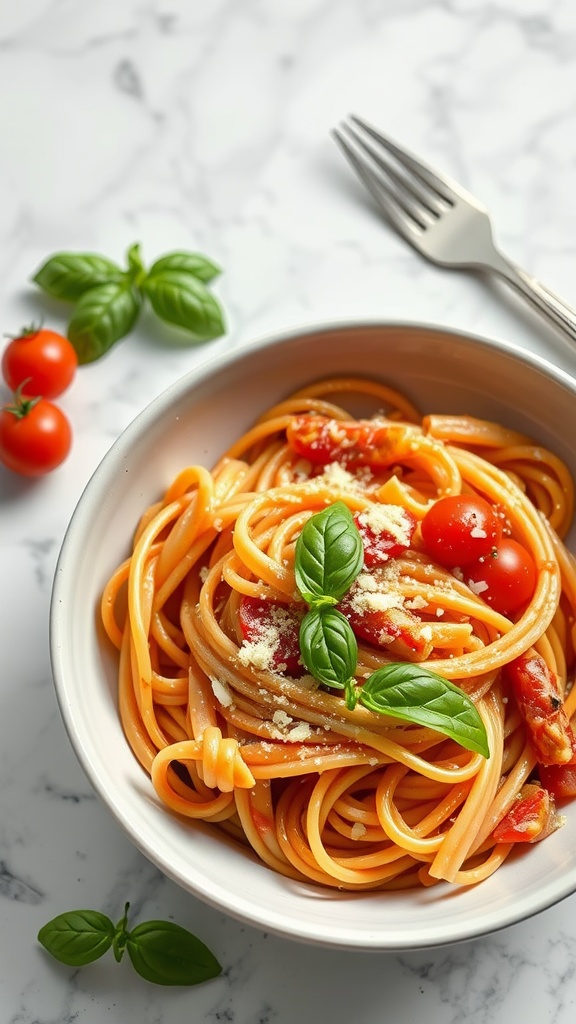 A bowl of creamy tomato basil pasta garnished with fresh basil and cherry tomatoes.