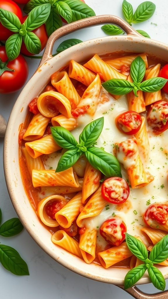 Creamy Tomato Basil Pasta Bake with fresh basil and tomatoes