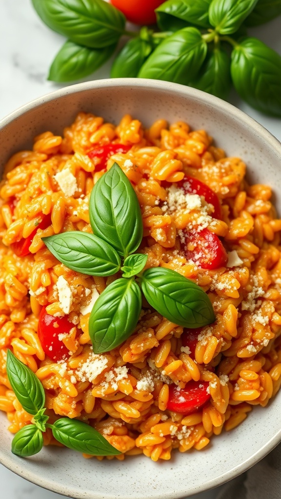 A bowl of creamy tomato basil risotto topped with fresh basil leaves and cherry tomatoes.