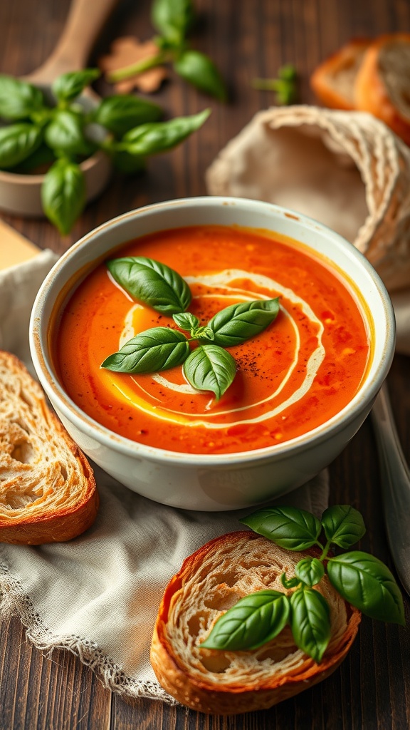 A bowl of creamy tomato basil soup garnished with fresh basil leaves, alongside slices of crusty bread.