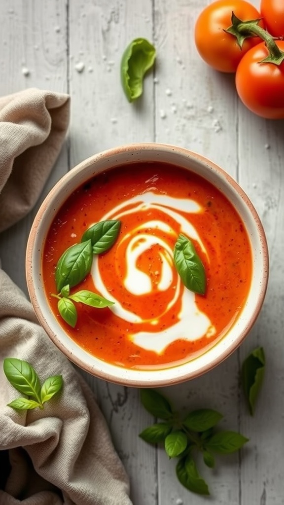 Creamy tomato basil soup with basil leaves on top.
