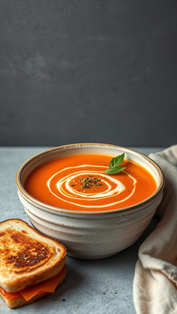 A bowl of creamy tomato basil soup with a swirl of cream, accompanied by a grilled cheese sandwich.