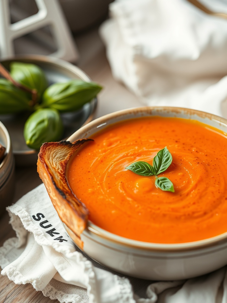 A bowl of creamy tomato basil soup garnished with fresh basil leaves, alongside a slice of grilled cheese.