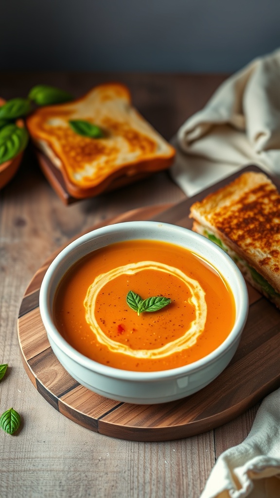 A bowl of creamy tomato basil soup with a swirl of cream and a basil leaf, next to a grilled cheese sandwich on a wooden board.