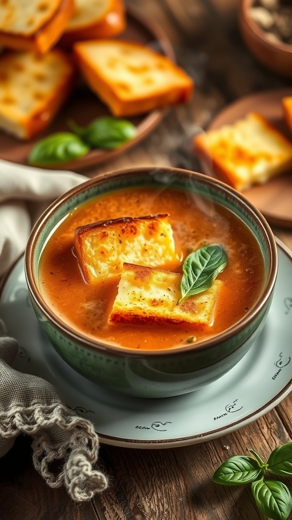 A bowl of creamy tomato basil soup garnished with grilled cheese croutons and basil leaves, served with extra croutons on the side.