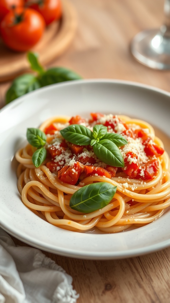 A plate of creamy tomato pasta garnished with basil leaves and Parmesan cheese