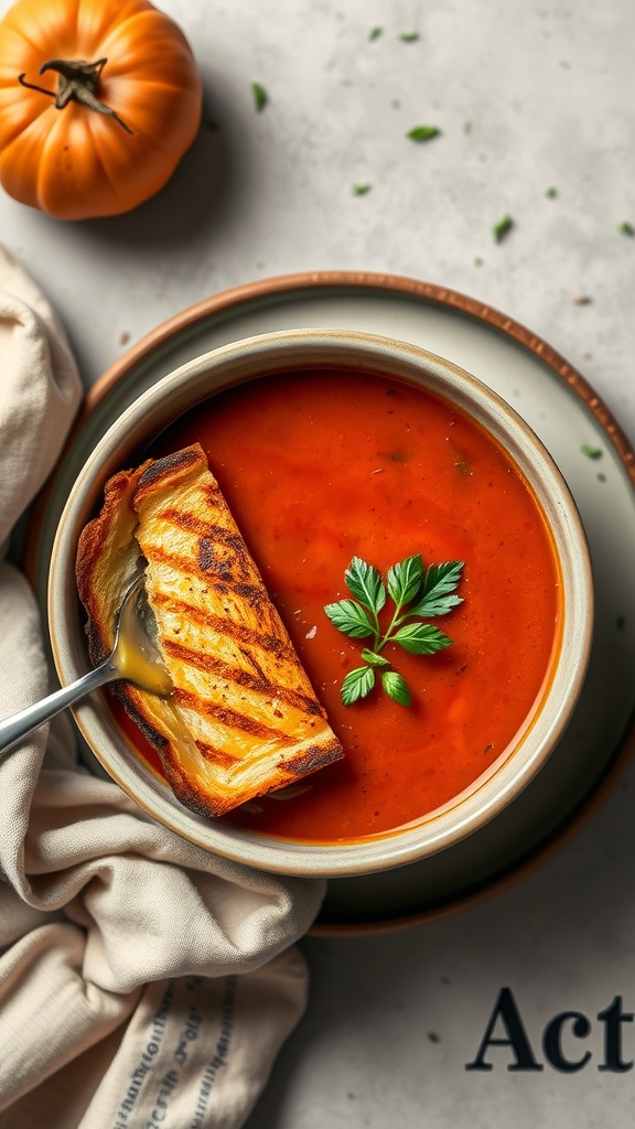 A bowl of creamy tomato soup with a grilled cheese sandwich being dipped in