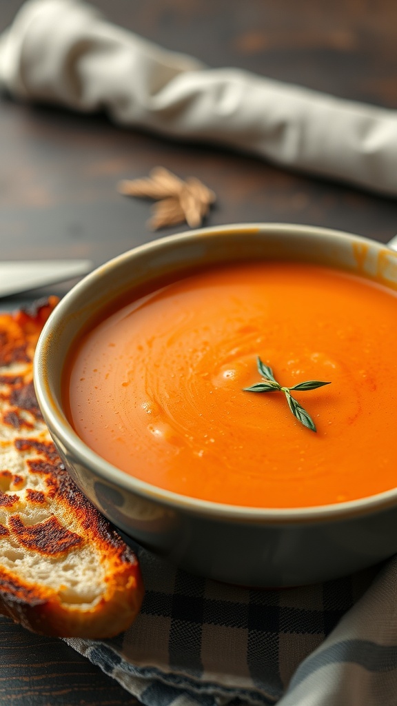 A bowl of creamy tomato soup with a grilled cheese sandwich on the side.
