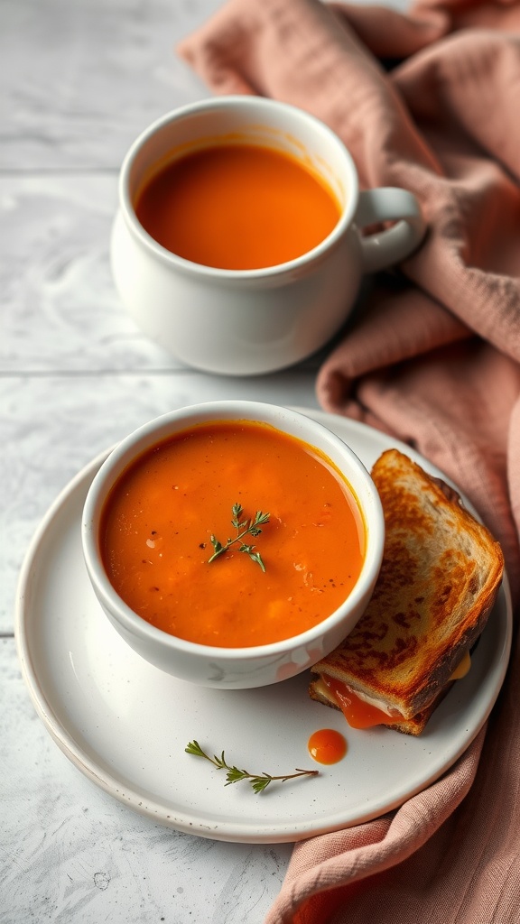 A bowl of creamy tomato soup served with a grilled cheese sandwich.