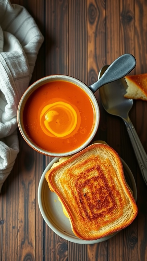 A bowl of creamy tomato soup with a grilled cheese sandwich on the side.